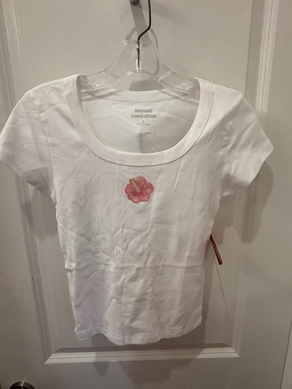 NWT Organic generation Scoop Neck baby Tee w/ beaded Pink tropical Flower- S